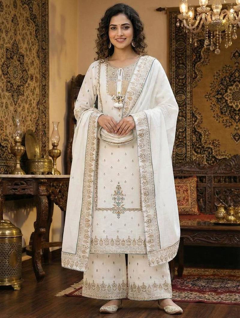White golden-work cotton kurta set with embroidered dupatta