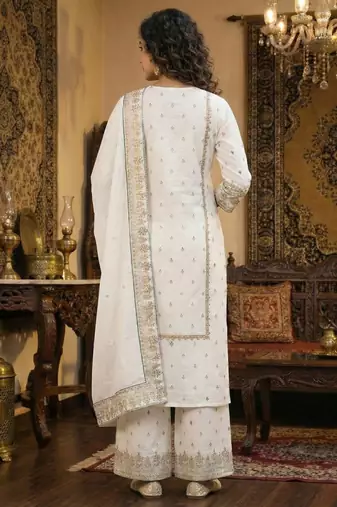 White golden-work cotton kurta set with embroidered dupatta