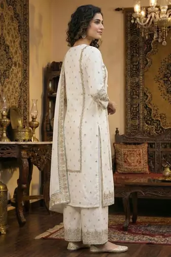 White golden-work cotton kurta set with embroidered dupatta