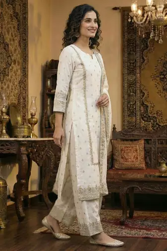 White golden-work cotton kurta set with embroidered dupatta