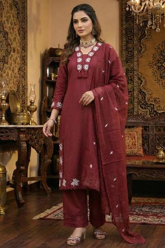 Maroon floral embroidered cotton kurta set with dupatta