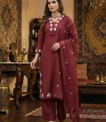 Maroon floral embroidered cotton kurta set with dupatta