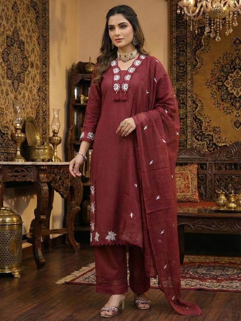 Maroon floral embroidered cotton kurta set with dupatta