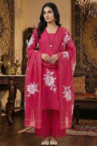 Red floral printed cotton kurta set with dupatta