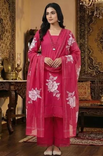 Red floral printed cotton kurta set with dupatta