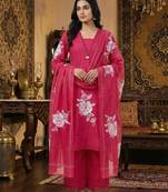 Red floral printed cotton kurta set with dupatta