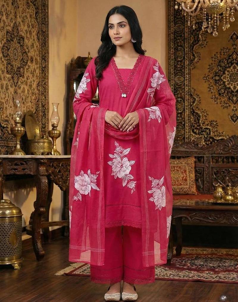 Red floral printed cotton kurta set with dupatta