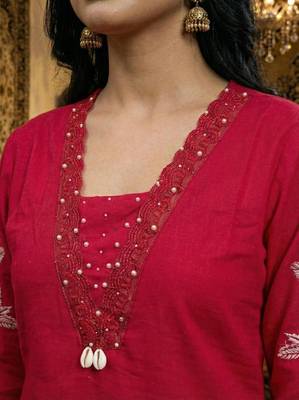 Red floral printed cotton kurta set with dupatta 3