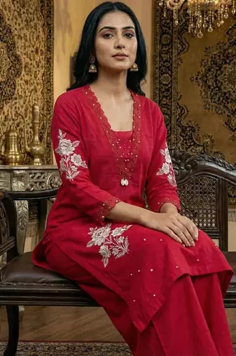 Red floral printed cotton kurta set with dupatta