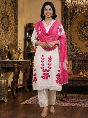 White & red embroidered cotton kurta set with dupatta 1