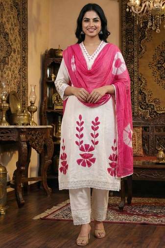 White & red embroidered cotton kurta set with dupatta