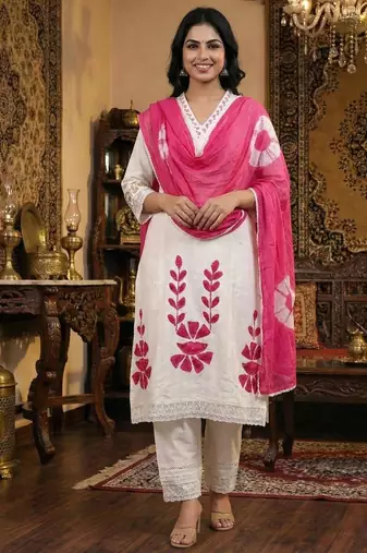White & red embroidered cotton kurta set with dupatta