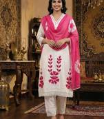 White & red embroidered cotton kurta set with dupatta