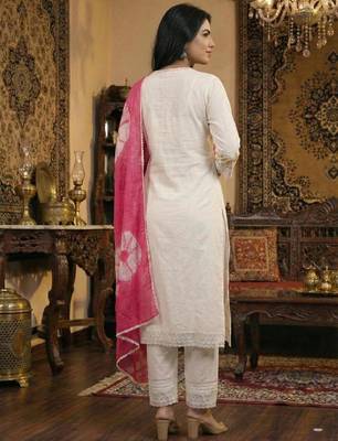 White & red embroidered cotton kurta set with dupatta 2