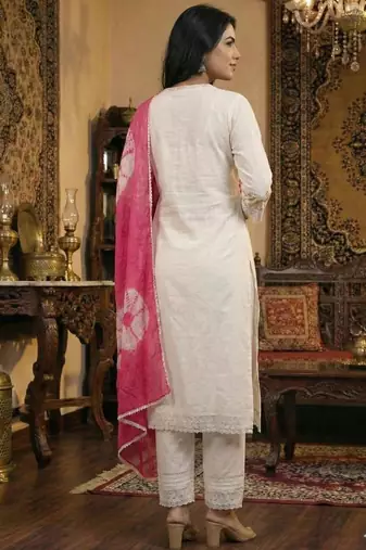 White & red embroidered cotton kurta set with dupatta