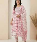 White pink block print cotton kurta set with lace dupatta