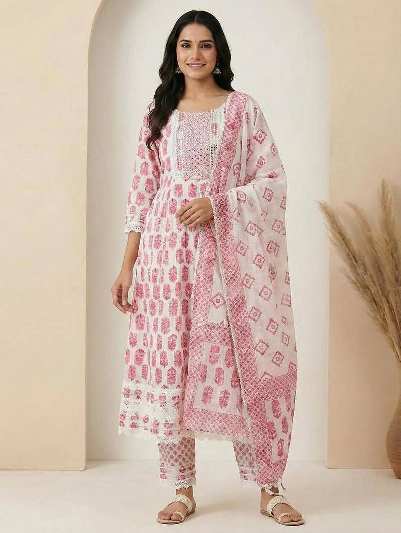 White pink block print cotton kurta set with lace dupatta