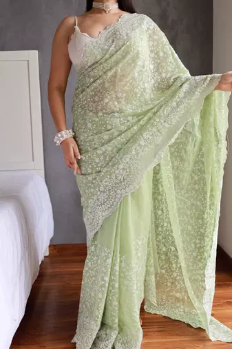 pastel green shimmer silk saree with embroidered border