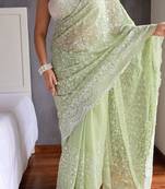 pastel green shimmer silk saree with embroidered border