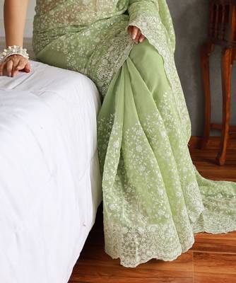 pastel green shimmer silk saree with embroidered border 2