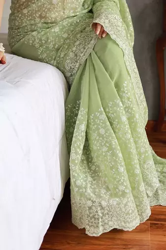 pastel green shimmer silk saree with embroidered border