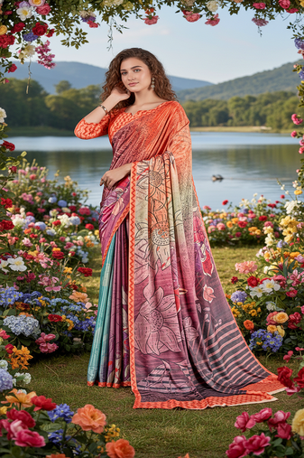 multicolor premium printed saree with blouse