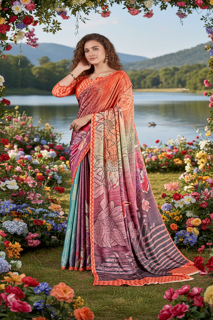 multicolor premium printed saree with blouse