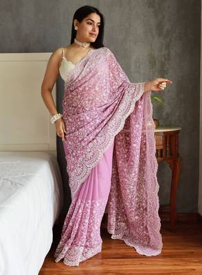 lavender shimmer silk saree with embroidered border 1