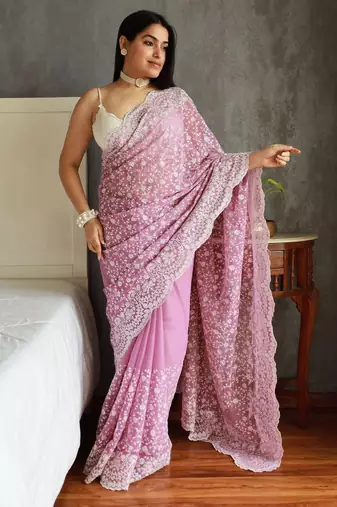 lavender shimmer silk saree with embroidered border