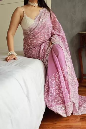 lavender shimmer silk saree with embroidered border