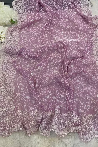 lavender shimmer silk saree with embroidered border