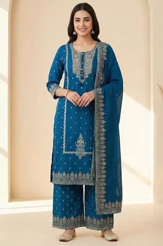 blue mirror-work cotton kurta set with embroidered dupatta
