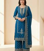 blue mirror-work cotton kurta set with embroidered dupatta