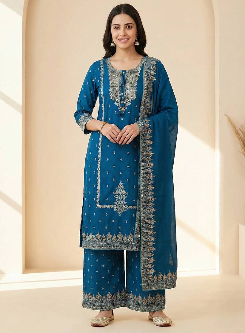 blue mirror-work cotton kurta set with embroidered dupatta