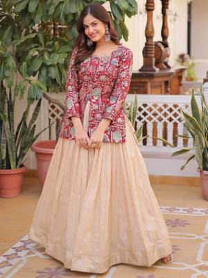 Great Maroon Zari Weaving Festival Wear Lehenga With Peplum Top 1