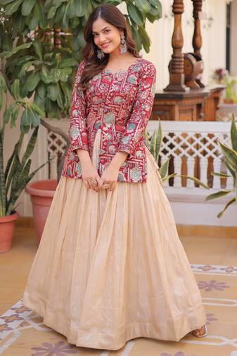 Great Maroon Zari Weaving Festival Wear Lehenga With Peplum Top