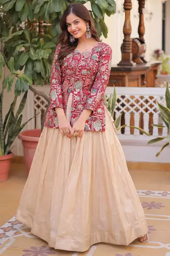 Great Maroon Zari Weaving Festival Wear Lehenga With Peplum Top