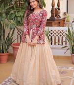 Great Maroon Zari Weaving Festival Wear Lehenga With Peplum Top