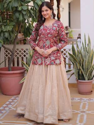 Great Maroon Zari Weaving Festival Wear Lehenga With Peplum Top 2