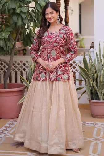 Great Maroon Zari Weaving Festival Wear Lehenga With Peplum Top