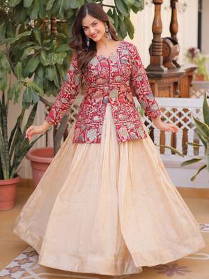 Great Maroon Zari Weaving Festival Wear Lehenga With Peplum Top 3