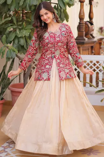 Great Maroon Zari Weaving Festival Wear Lehenga With Peplum Top