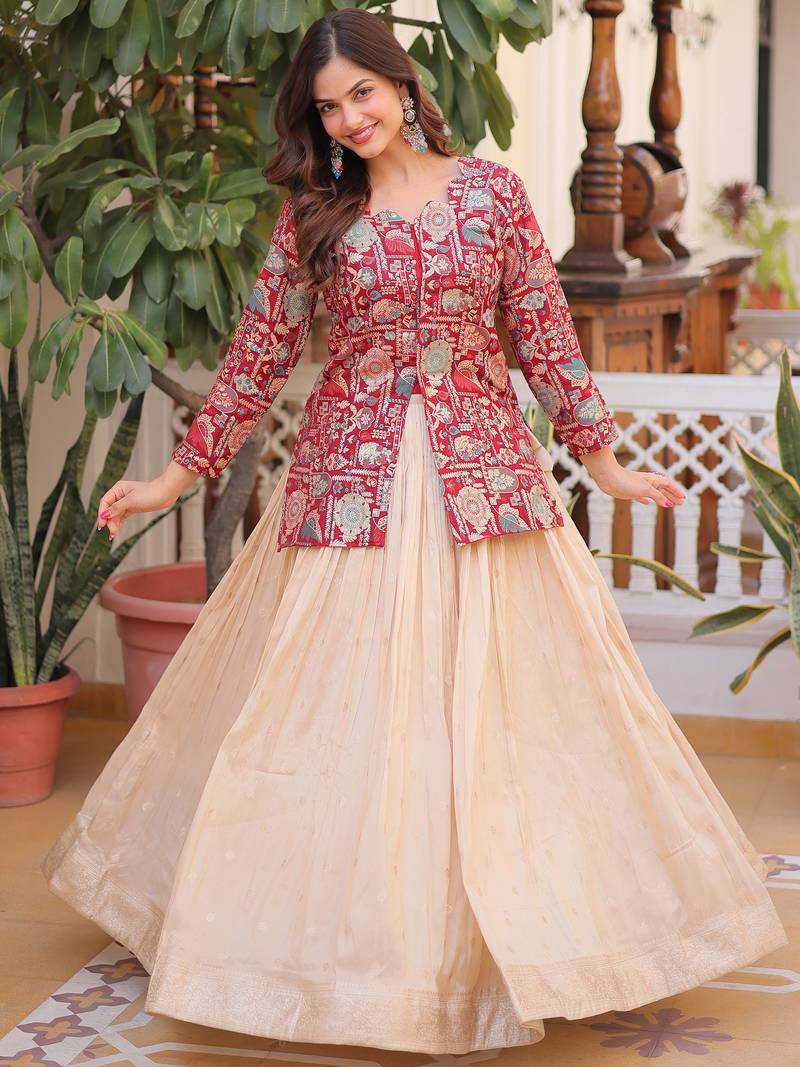 Great Maroon Zari Weaving Festival Wear Lehenga With Peplum Top