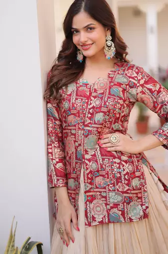 Great Maroon Zari Weaving Festival Wear Lehenga With Peplum Top
