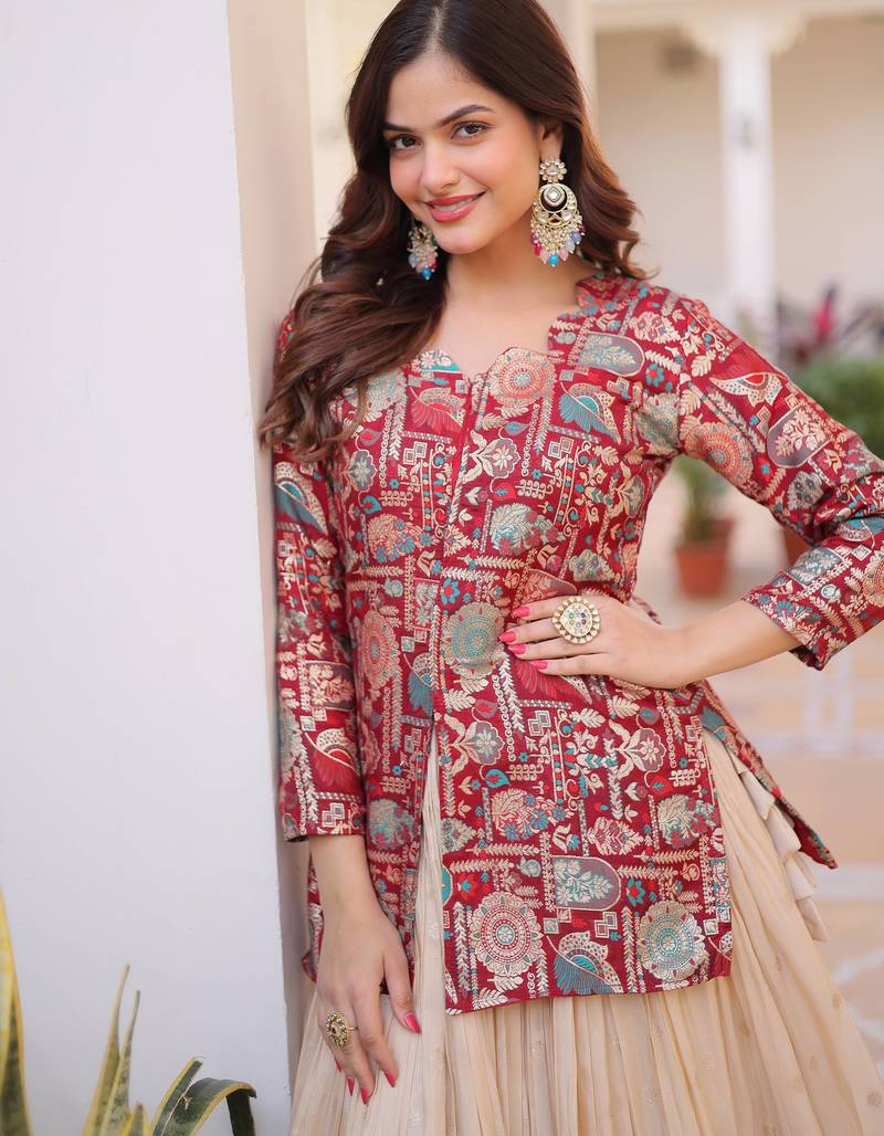 Great Maroon Zari Weaving Festival Wear Lehenga With Peplum Top