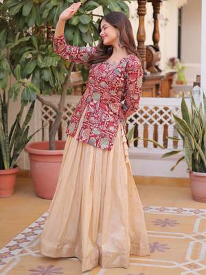 Great Maroon Zari Weaving Festival Wear Lehenga With Peplum Top 5