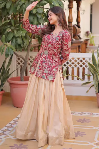 Great Maroon Zari Weaving Festival Wear Lehenga With Peplum Top