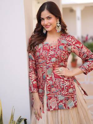 Great Maroon Zari Weaving Festival Wear Lehenga With Peplum Top 6