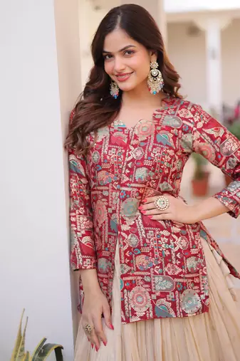 Great Maroon Zari Weaving Festival Wear Lehenga With Peplum Top