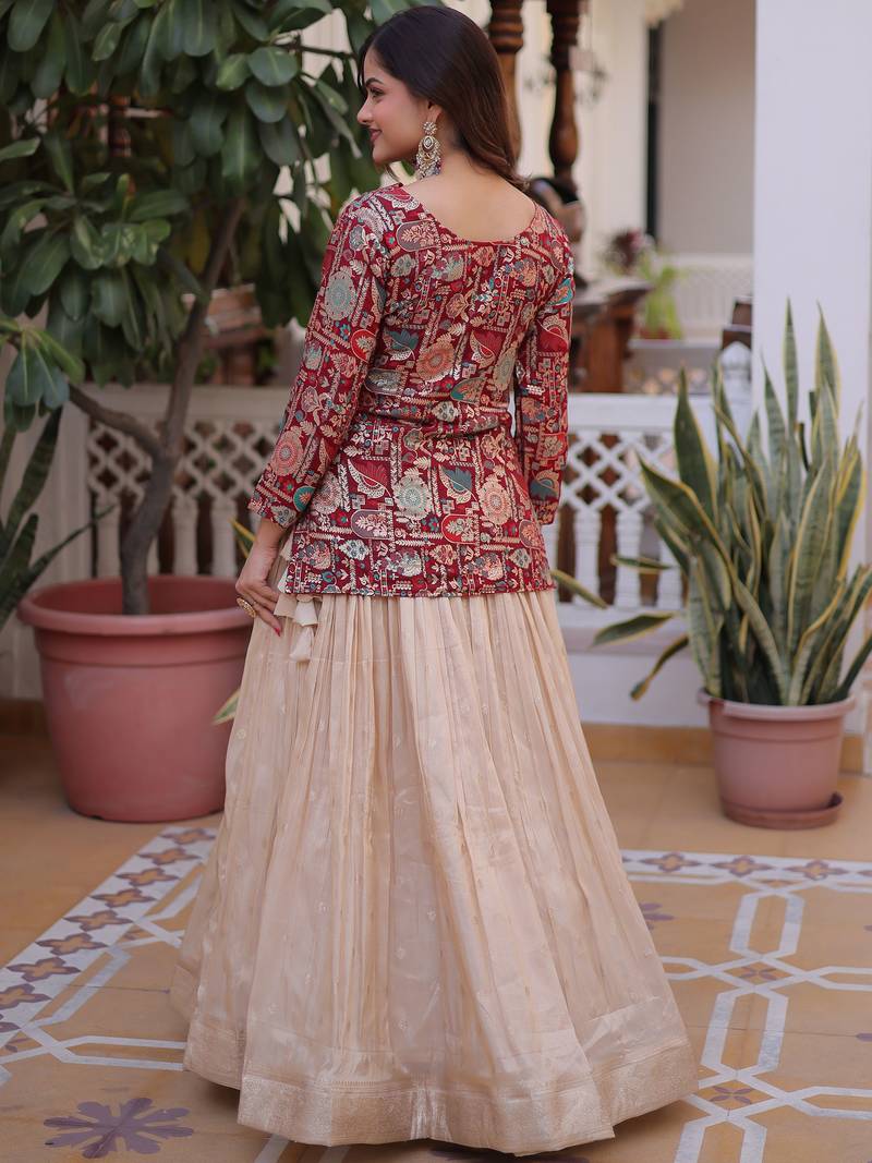 Great Maroon Zari Weaving Festival Wear Lehenga With Peplum Top